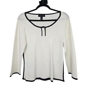Pointelle Fine Knit Sweater Top Womens MED White Black Classic Minimalist Preppy
